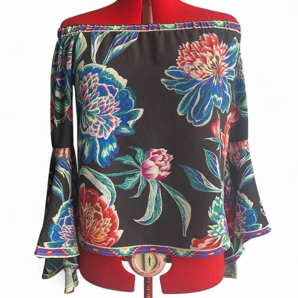 Flying Tomato Black Multi Floral Off-Shoulder Bell Sleeve Top
